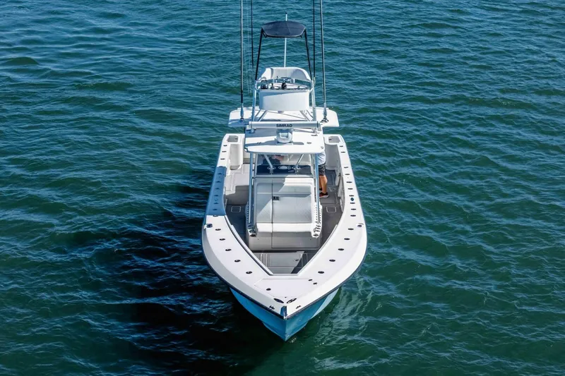 Susan L Yacht Photos Pics 2018 SeaVee 370 Z boat on open water, aerial view.