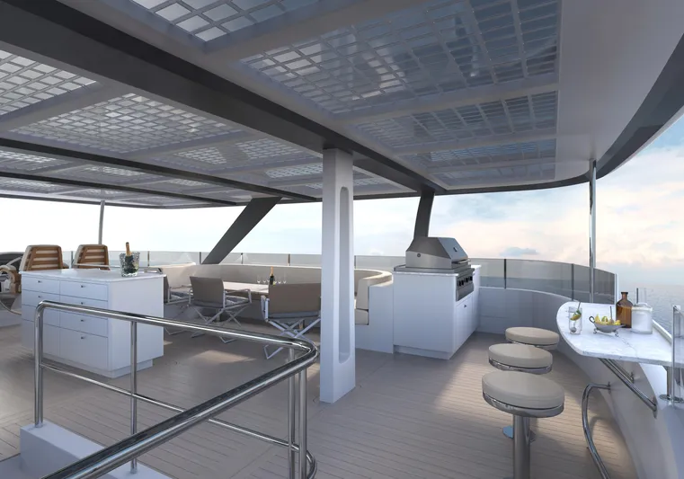 Hs 65 Yacht Photos Pics Luxurious 2025 Catamaran HS 65 deck with modern seating, bar, and grill area.