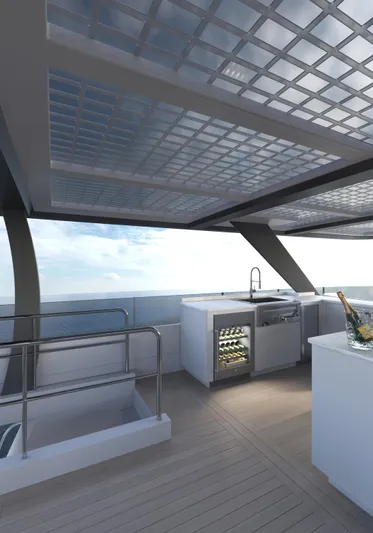 Hs 65 Yacht Photos Pics Luxurious 2025 Catamaran HS 65 deck with modern kitchen and ocean view.