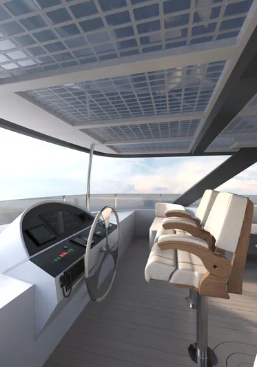 Hs 65 Yacht Photos Pics Modern Catamaran HS 65 cockpit with solar panels, sleek design, and comfortable seating, 2025 model.