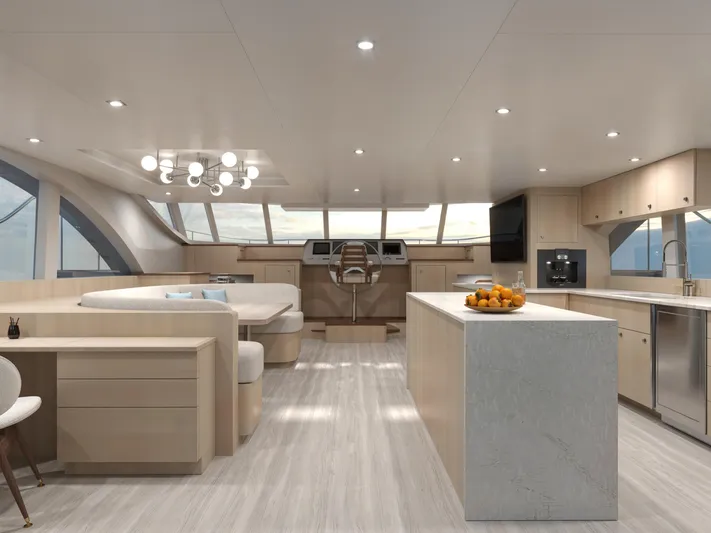 Hs 65 Yacht Photos Pics Luxurious interior of 2025 Catamaran HS 65 with modern kitchen and seating area.