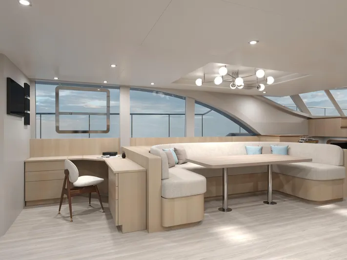 Hs 65 Yacht Photos Pics Modern interior of 2025 Catamaran HS 65 with elegant seating and panoramic windows.