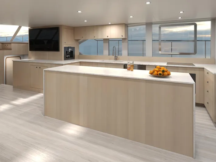 Hs 65 Yacht Photos Pics Modern kitchen interior on 2025 Catamaran HS 65, featuring sleek countertops and ample natural light.