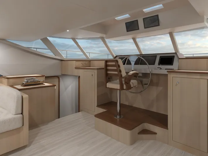 Hs 65 Yacht Photos Pics Modern interior of 2025 Catamaran HS 65 with sleek helm and panoramic windows.