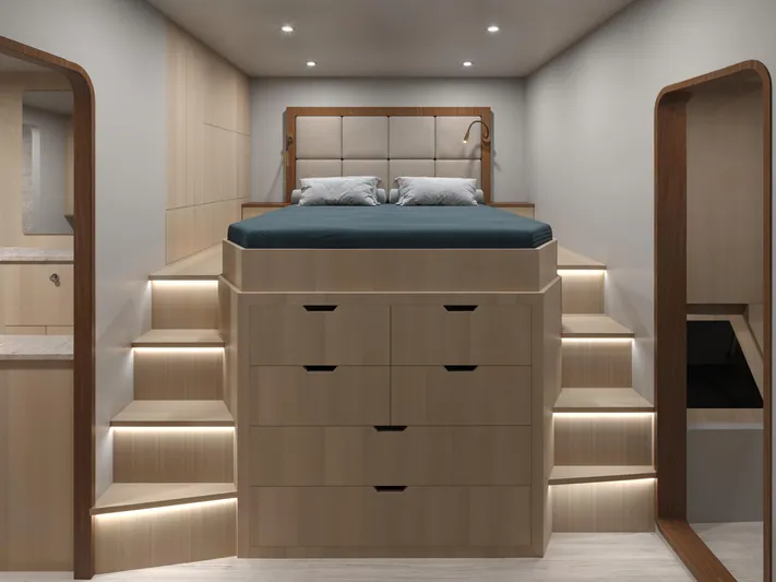 Hs 65 Yacht Photos Pics Luxurious 2025 Catamaran HS 65 bedroom with elevated bed and modern lighting.