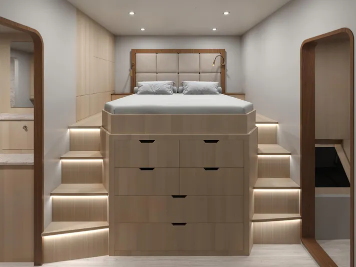 Hs 65 Yacht Photos Pics Luxurious Catamaran HS 65 bedroom interior with elevated bed and modern lighting, 2025 model.