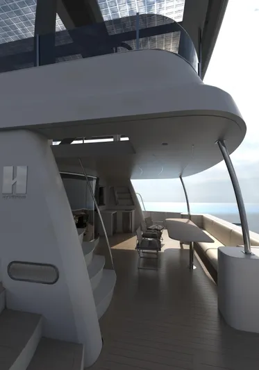 Hs 65 Yacht Photos Pics Futuristic Catamaran HS 65, 2025 model, featuring sleek design and modern deck layout.