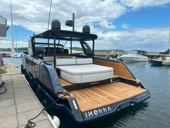 Imonna Yacht Photos Pics 2024 Cranchi A46 yacht docked, featuring sleek design and spacious deck in a marina setting.