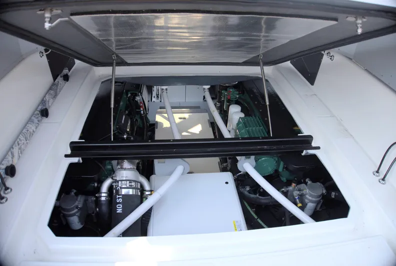 Imonna Yacht Photos Pics Engine compartment of 2024 Cranchi A46 yacht, showcasing modern mechanical components.