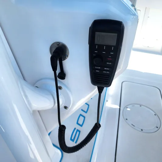  Yacht Photos Pics VHF radio on 2022 Southport 30 FE boat, mounted on white panel.