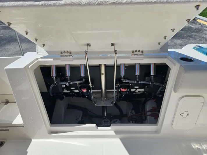  Yacht Photos Pics 2024 Sailfish 312CC boat engine compartment with open hatch.