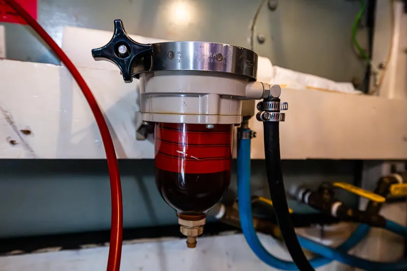 Vesper Yacht Photos Pics Fuel filter system in a 1990 Grand Banks Sedan boat engine room.