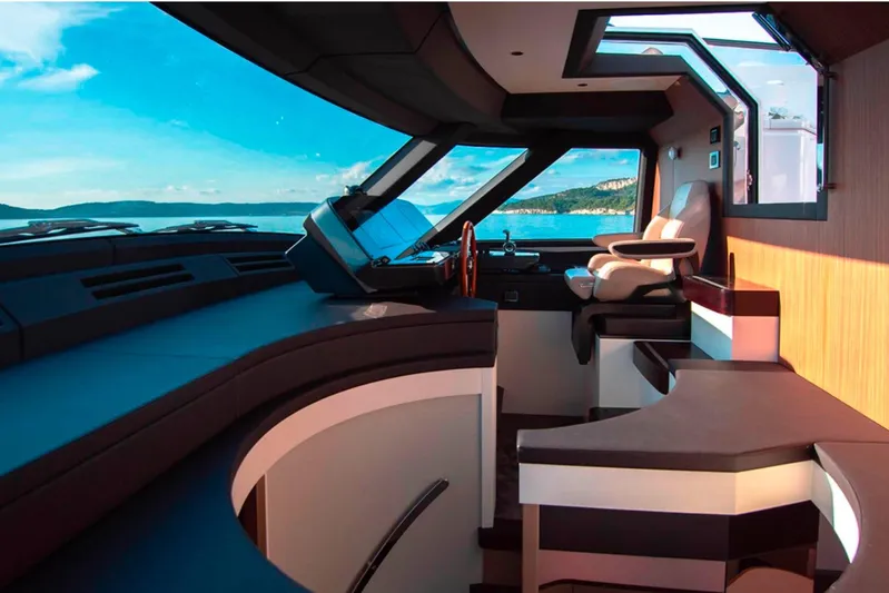  Yacht Photos Pics Luxurious interior of 2025 Azimut Magellano 25M yacht with panoramic sea view.