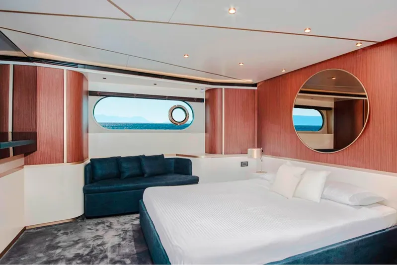  Yacht Photos Pics Luxurious bedroom interior of 2025 Azimut Magellano 25M yacht with ocean view.