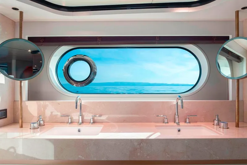  Yacht Photos Pics Luxurious bathroom on 2025 Azimut Magellano 25M yacht with ocean view.