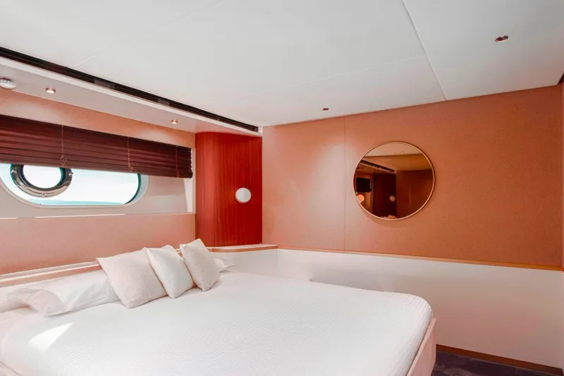  Yacht Photos Pics Luxurious bedroom interior of 2025 Azimut Magellano 25M yacht with modern design elements.
