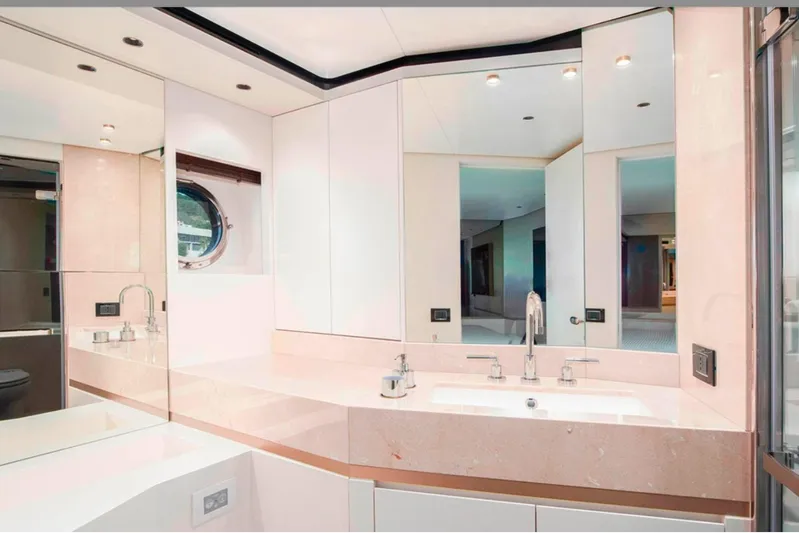  Yacht Photos Pics Luxurious bathroom interior on 2025 Azimut Magellano 25M yacht, featuring modern fixtures and elegant design.