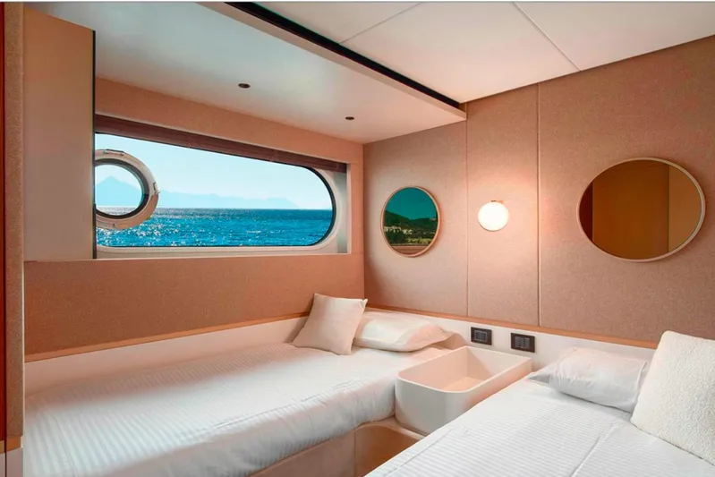  Yacht Photos Pics Luxurious cabin interior of 2025 Azimut Magellano 25M yacht with ocean view.