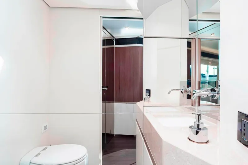  Yacht Photos Pics Luxurious bathroom interior of 2025 Azimut Magellano 25M yacht, featuring modern fixtures and elegant design.