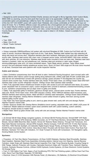 Miss Osb Yacht Photos Pics A detailed specification sheet for a 2009 Hugh Saint 65 Commuter boat, featuring design and technical details.