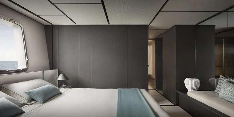  Yacht Photos Pics Luxurious bedroom interior of 2022 Sanlorenzo SX 112 yacht with modern design.
