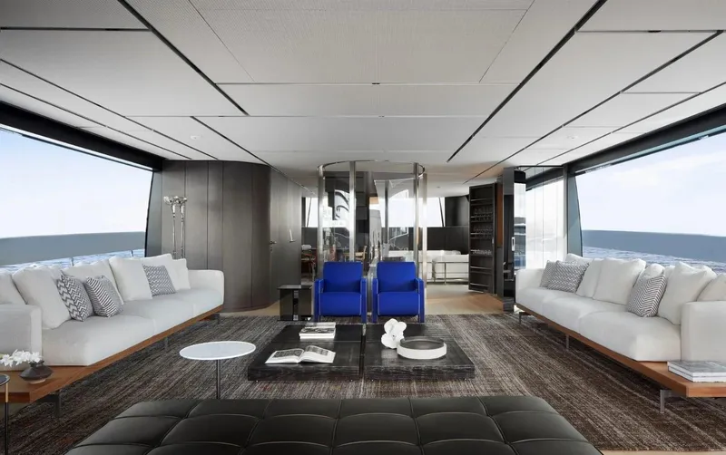 Yacht Photos Pics Luxurious interior of 2022 Sanlorenzo SX 112 yacht with modern furnishings and panoramic windows.