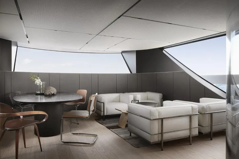  Yacht Photos Pics Luxurious interior of 2022 Sanlorenzo SX 112 yacht with modern furniture and ocean view.