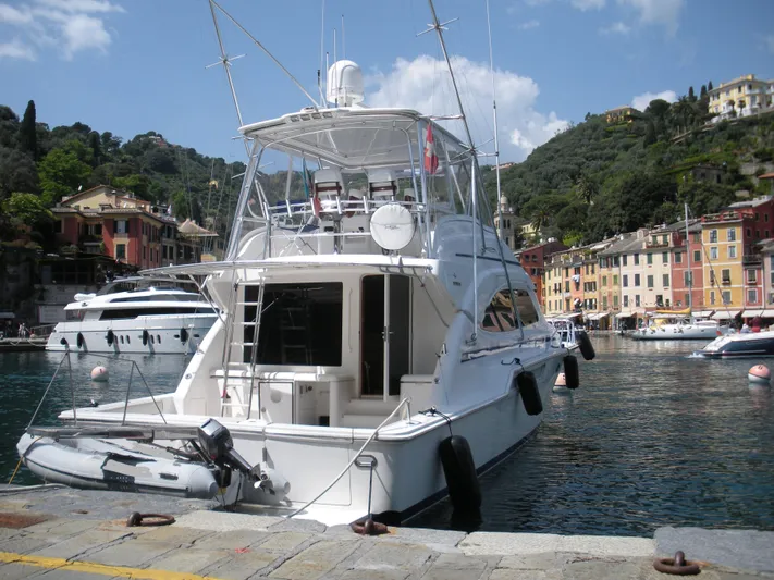  Yacht Photos Pics 2005 Bertram 510 yacht docked in scenic harbor with colorful buildings and hills.