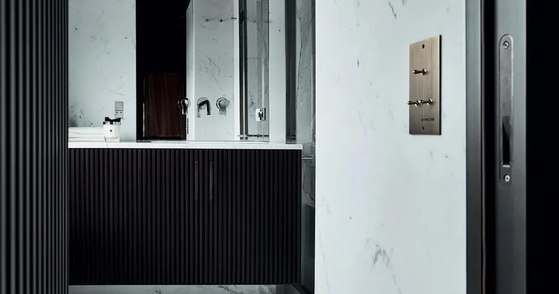  Yacht Photos Pics Modern bathroom interior on Sanlorenzo SX 88 yacht, 2022 model, featuring sleek design and marble finishes.