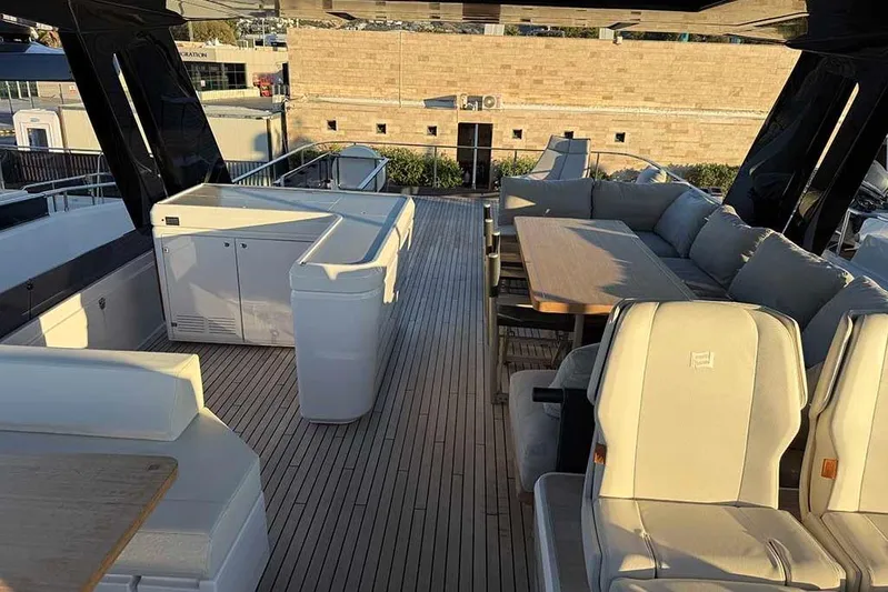 Karya Yacht Photos Pics Luxurious 2023 Ferretti Yachts 780 deck with elegant seating and modern amenities.