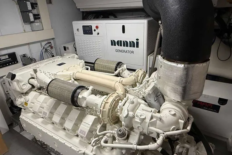 Karya Yacht Photos Pics Engine room of 2023 Ferretti Yachts 780 with Nanni generator and advanced machinery.