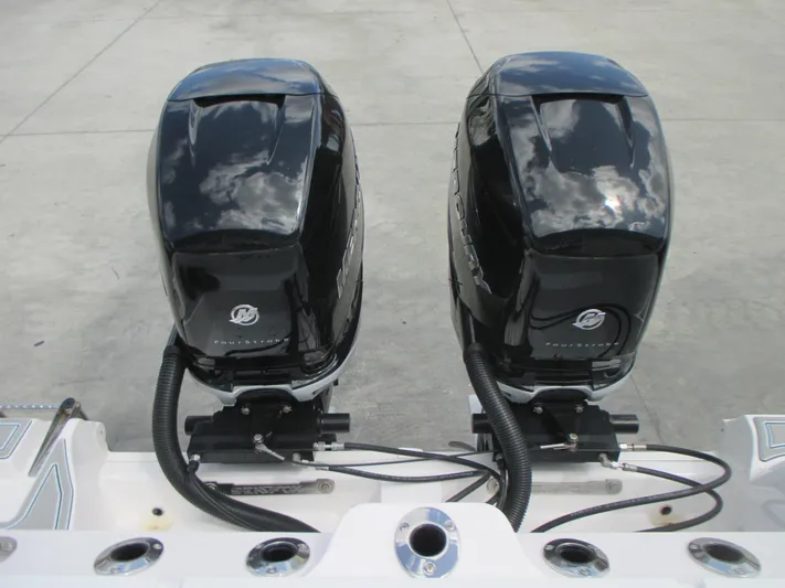  Yacht Photos Pics Twin Mercury outboard engines on a 2023 Sea Fox 328 Commander boat.