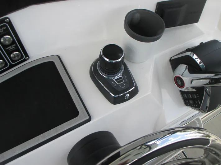  Yacht Photos Pics Control panel of 2023 Sea Fox 328 Commander boat with joystick and throttle.