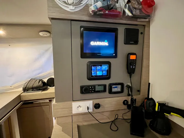 Amihan Yacht Photos Pics Control panel of 2023 Fountaine Pajot Isla 40 catamaran with Garmin navigation system.