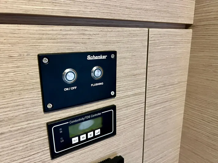 Amihan Yacht Photos Pics Control panel on 2023 Fountaine Pajot Isla 40 yacht, featuring Schenker buttons and TDS controller.