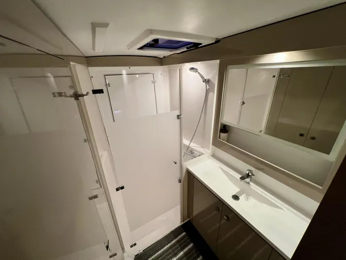 Amihan Yacht Photos Pics 2023 Fountaine Pajot Isla 40 yacht bathroom with modern shower and sink.