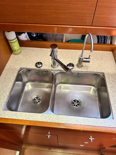 Yes My Dear Yacht Photos Pics Stainless steel double sink in 2012 Beneteau Oceanis 41 yacht kitchen.