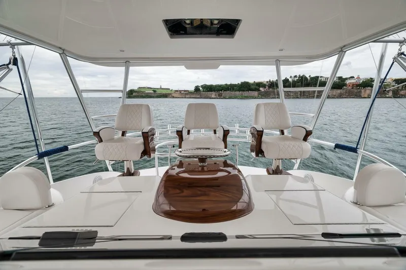 Triple Trouble Yacht Photos Pics 2014 Viking 62 Convertible yacht interior with luxurious seating and ocean view.