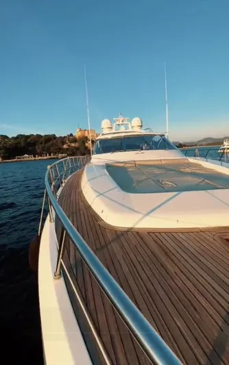  Yacht Photos Pics Luxury 2006 Mangusta 80 yacht on serene water, showcasing sleek design and spacious deck.