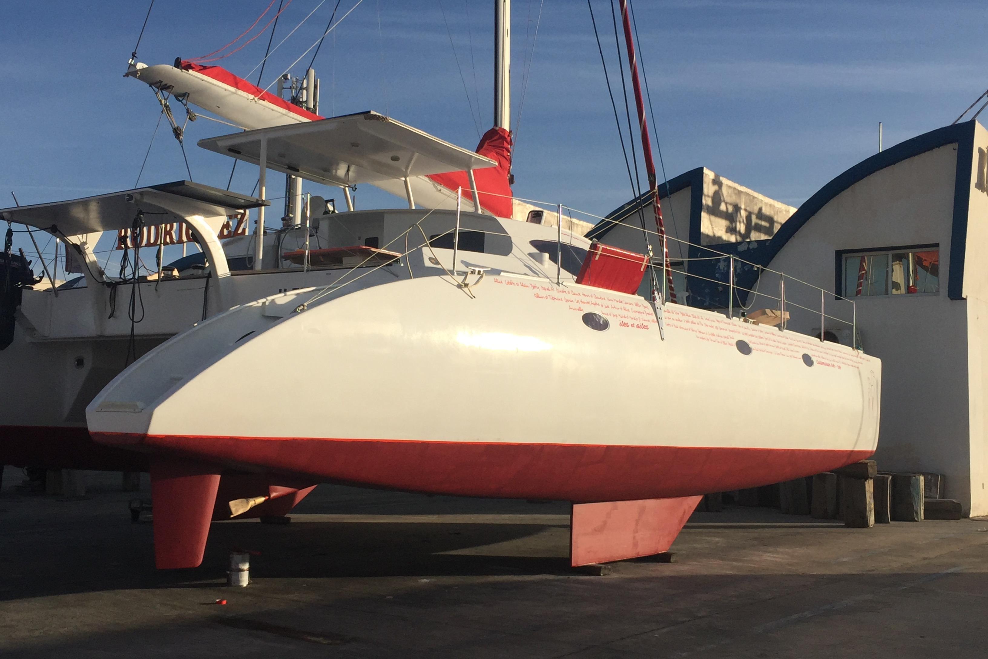 Sleek 2017 Looping 50 catamaran with red accents, docked at a marina.