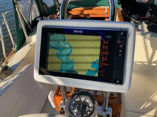Hero Yacht Photos Pics Navigation system on a 1992 Pacific Seacraft 37 Cutter sailboat, displaying a nautical chart.