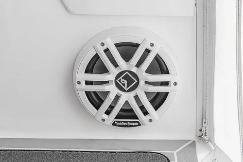 R&r 5 Yacht Photos Pics Rockford Fosgate speaker on 2022 Intrepid 477 Evolution boat interior.