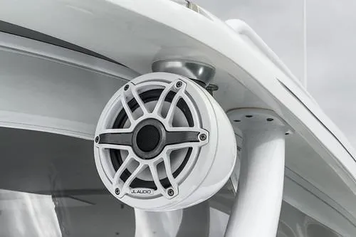 R&r 5 Yacht Photos Pics Close-up of a JL Audio marine speaker on a 2022 Intrepid 477 Evolution boat.