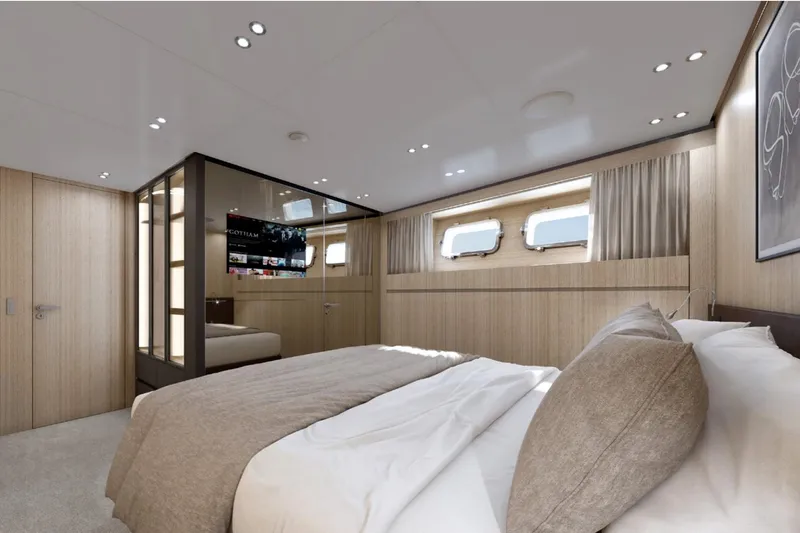  Yacht Photos Pics Luxurious bedroom interior of 2024 Sanlorenzo SX100 yacht with modern design and natural light.