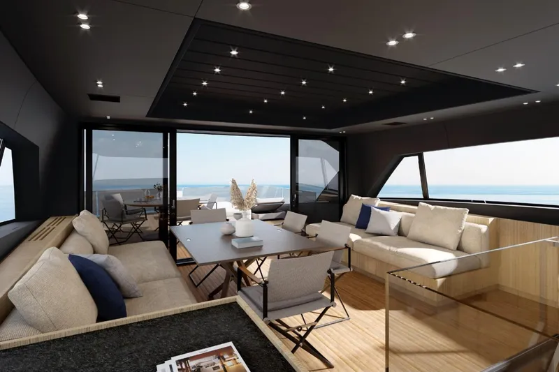  Yacht Photos Pics Luxurious interior of 2024 Sanlorenzo SX100 yacht with modern seating and ocean view.