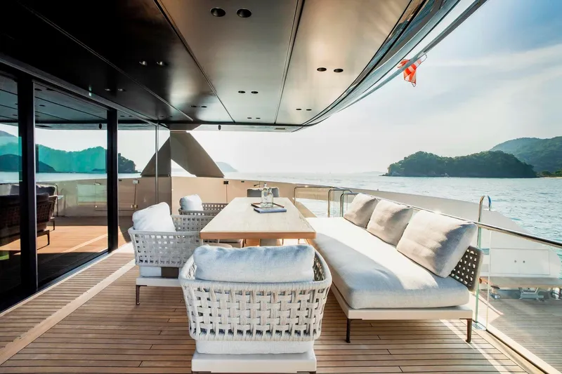  Yacht Photos Pics Luxurious 2024 Sanlorenzo SX100 yacht deck with elegant seating and ocean view.