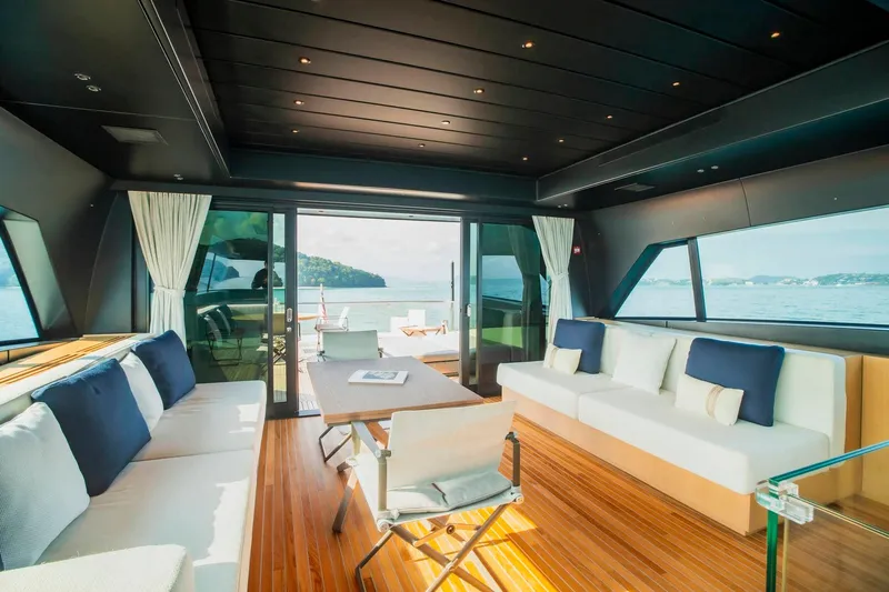  Yacht Photos Pics Luxurious interior of 2024 Sanlorenzo SX100 yacht with ocean view and elegant seating.