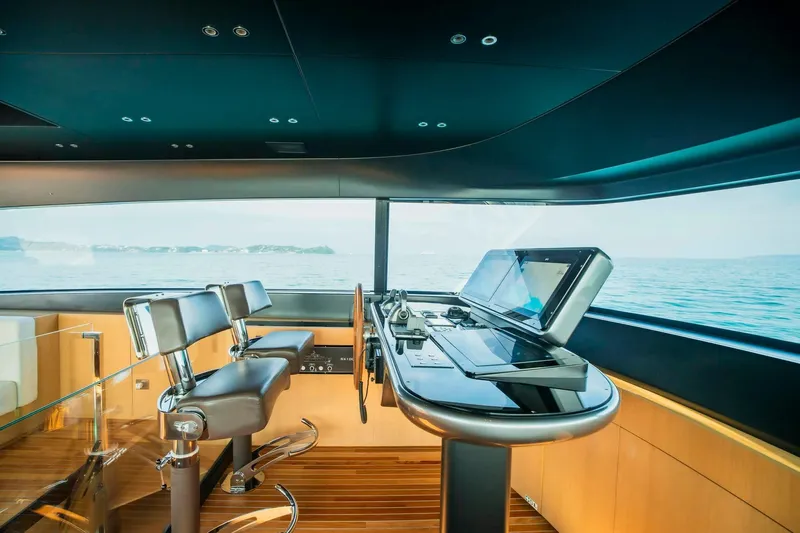  Yacht Photos Pics Luxurious 2024 Sanlorenzo SX100 yacht interior with modern helm and panoramic ocean view.