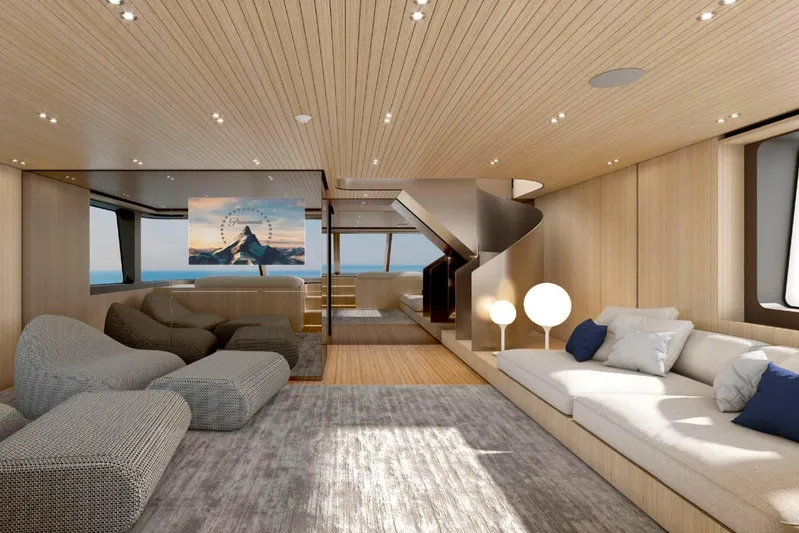  Yacht Photos Pics Luxurious interior of 2024 Sanlorenzo SX100 yacht with modern furnishings and panoramic windows.