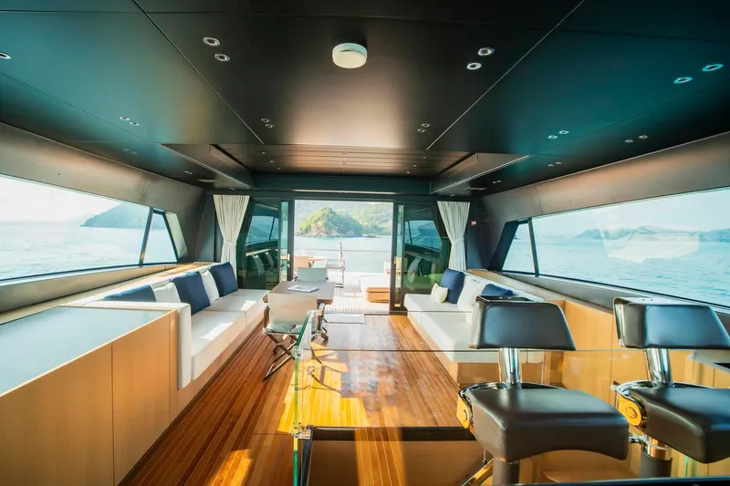  Yacht Photos Pics Luxurious interior of 2024 Sanlorenzo SX100 yacht with panoramic ocean views.